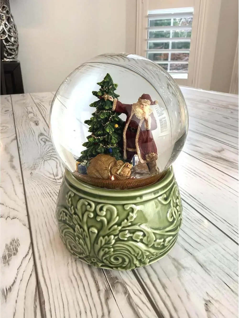 Rare Large 8” Santa Christmas Tree Snow Globe Glitter Green Holiday Decor